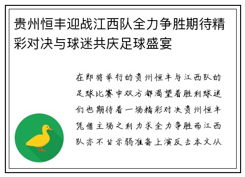 贵州恒丰迎战江西队全力争胜期待精彩对决与球迷共庆足球盛宴