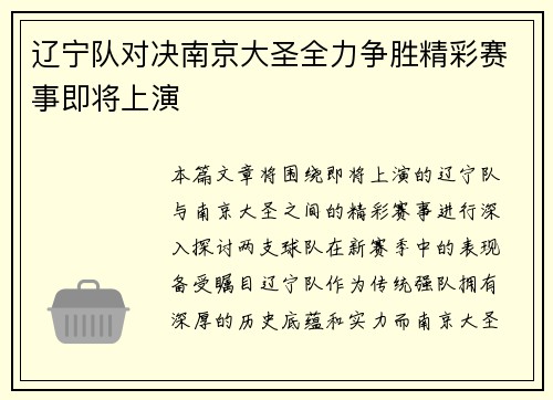 辽宁队对决南京大圣全力争胜精彩赛事即将上演